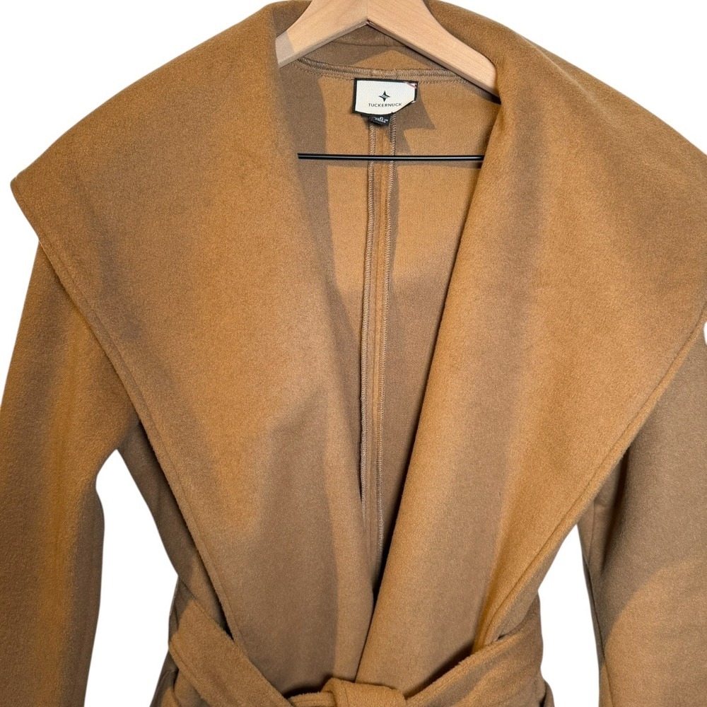 Tuckernuck Camel Wrap Coat Small Belted Hooded Open Front Pocket Jacket Chic - Picture 5 of 11